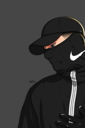 Ilustração de uma pessoa com um boné preto da Nike, máscara facial e jaqueta, em um fundo escuro. Os desenhos capturam a vibração misteriosa perfeitamente com detalhes meticulosos.