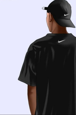 A ilustração de Cria mostra uma pessoa usando um boné e uma camisa preta da Nike, vista de costas, contra um fundo azul claro.