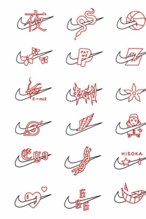 Vários logotipos swoosh da Nike incorporam diferentes designs com temas vermelhos, como chamas, asas e desenhos complexos.