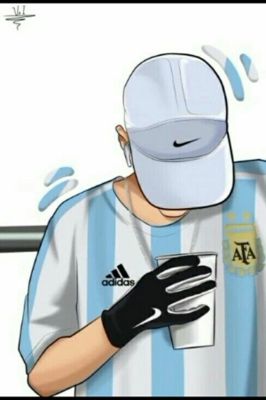 Ilustração de uma pessoa usando chapéu, luvas e uma camisa da seleção argentina de futebol da Nike, segurando uma xícara.