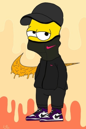 Personagem de desenho animado com capuz preto, boné Nike e máscara, em pé com swag. O fundo apresenta formas abstratas laranja e bege.