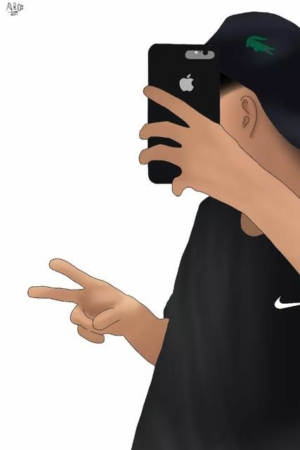 Ilustração digital de uma pessoa tirando uma selfie com um iPhone, usando um boné preto e uma camisa preta da Nike enquanto faz um sinal de paz; capturando perfeitamente a vibe. Cria encapsula perfeitamente o estilo urbano dentro de um desenho vibrante.