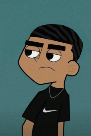 Personagem de desenho animado com cabelo preto curto, expressão pensativa, vestindo uma camiseta preta da Nike e um colar prateado, saído diretamente do mundo dos desenhos.