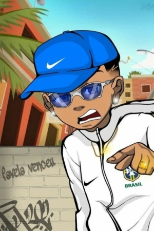 Desenho de uma pessoa usando um boné azul, óculos de sol Nike e uma jaqueta do Brasil, posando ao lado de uma parede coberta de grafite com Desenhos de Cria.