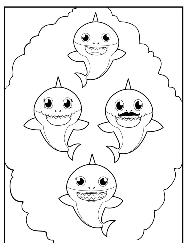 Quatro tubarões de desenho animado com olhos grandes e sorrisos, incluindo um com bigode, dentro de uma borda borbulhante. Perfeito para um "desenho de Tubarão" para colorir.