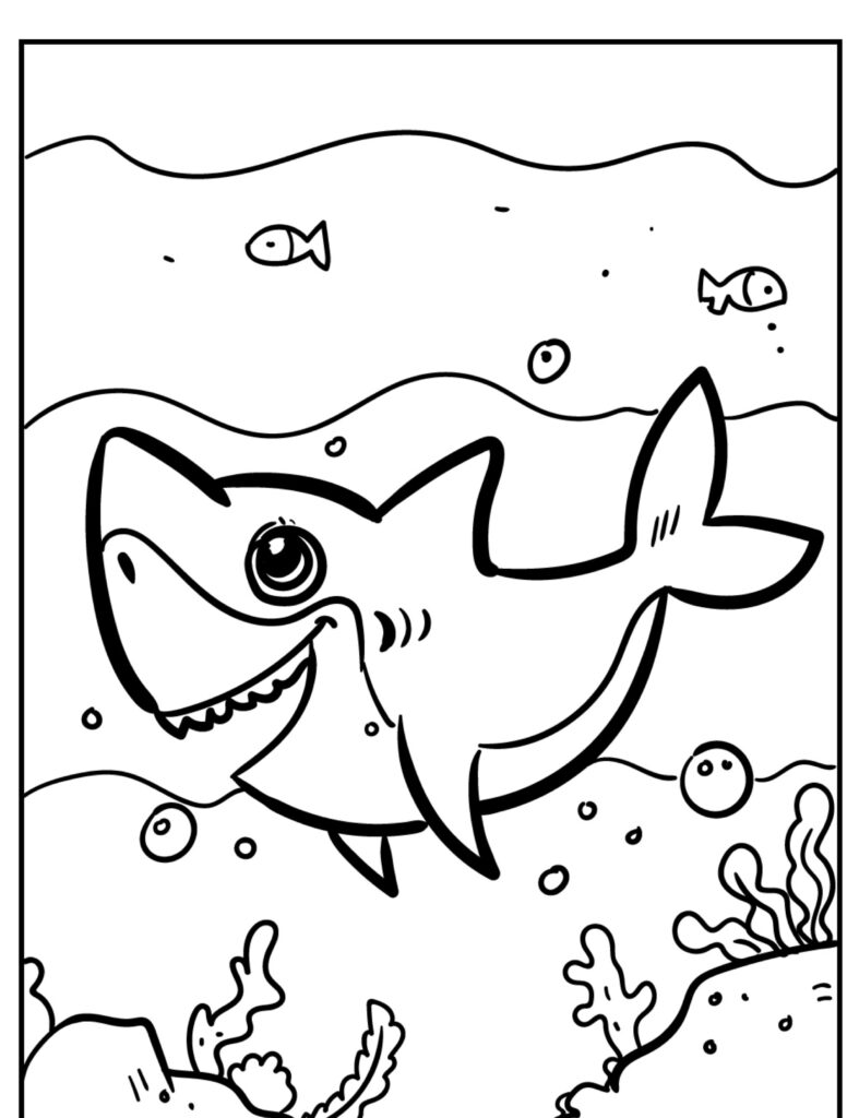 Um desenho animado feliz do Tubarão nadando debaixo d'água com pequenos peixes e corais coloridos ao fundo, pronto para colorir.