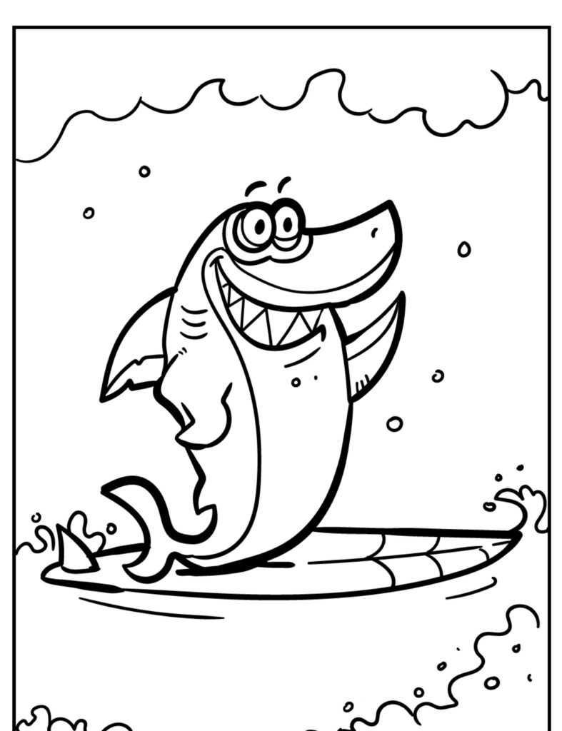 Um Tubarão sorridente em desenho animado está em uma prancha de surfe, surfando em ondas com água espirrando ao redor. Este desenho animado é perfeito para aqueles que amam colorir e gostam de cenas de aventura subaquáticas.