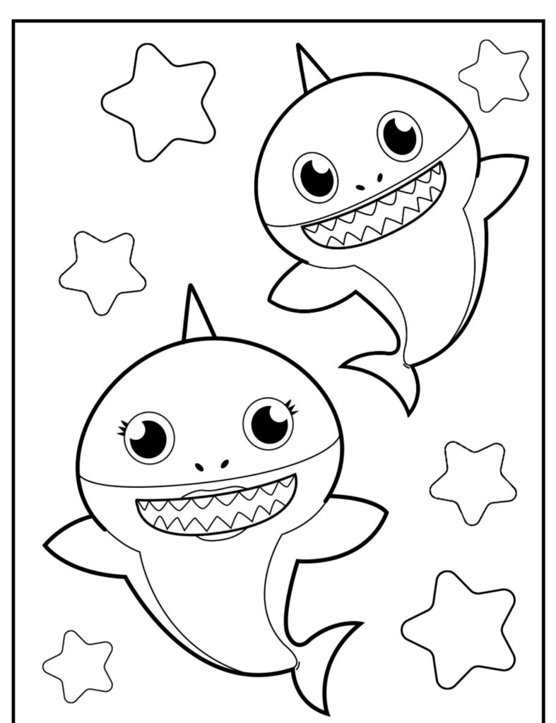 Dois tubarões fofos e sorridentes nadando entre estrelas do mar, delineados para desenho para colorir.