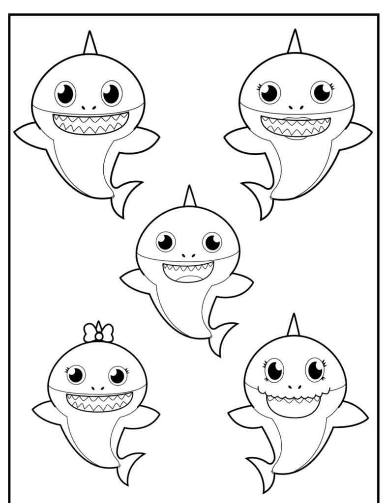 Cinco tubarões de desenho animado com olhos grandes e sorrisos, incluindo um com um arco. Todos são contornados em preto sobre um fundo branco, perfeitos para colorir. Este Desenho de Tubarão certamente trará alegria às suas aventuras de colorir!