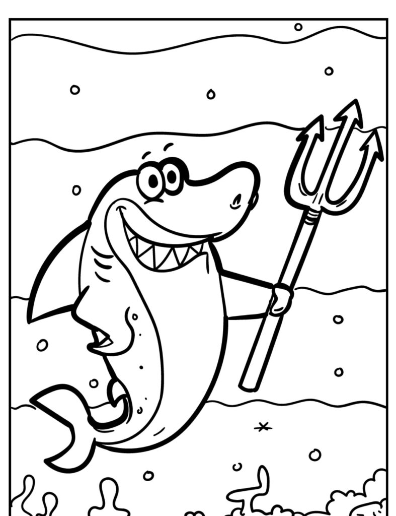 Um desenho animado do Tubarão no fundo do mar, sorrindo e segurando um tridente, perfeito para colorir.