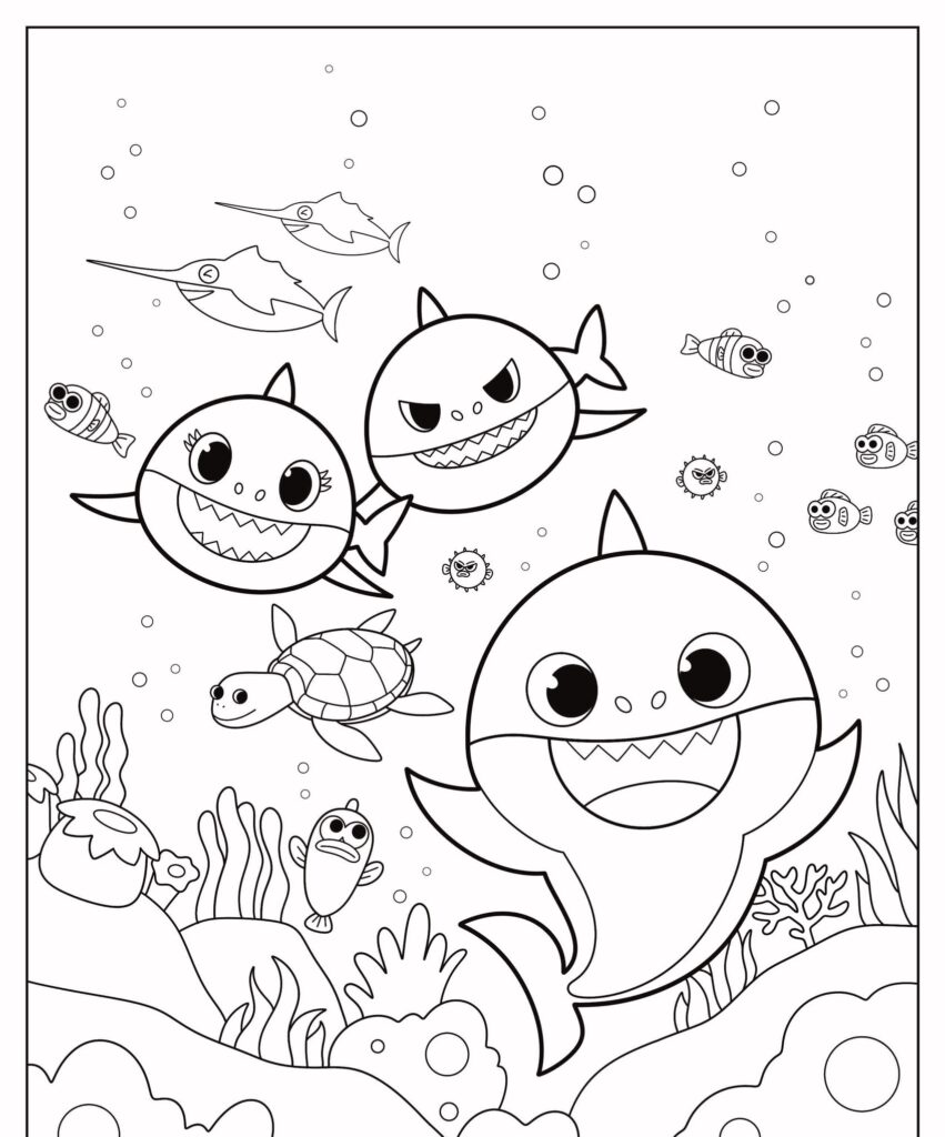 Três tubarões de desenho animado e outras criaturas marinhas nadando em um animado cenário subaquático com corais e bolhas, perfeito para colorir.