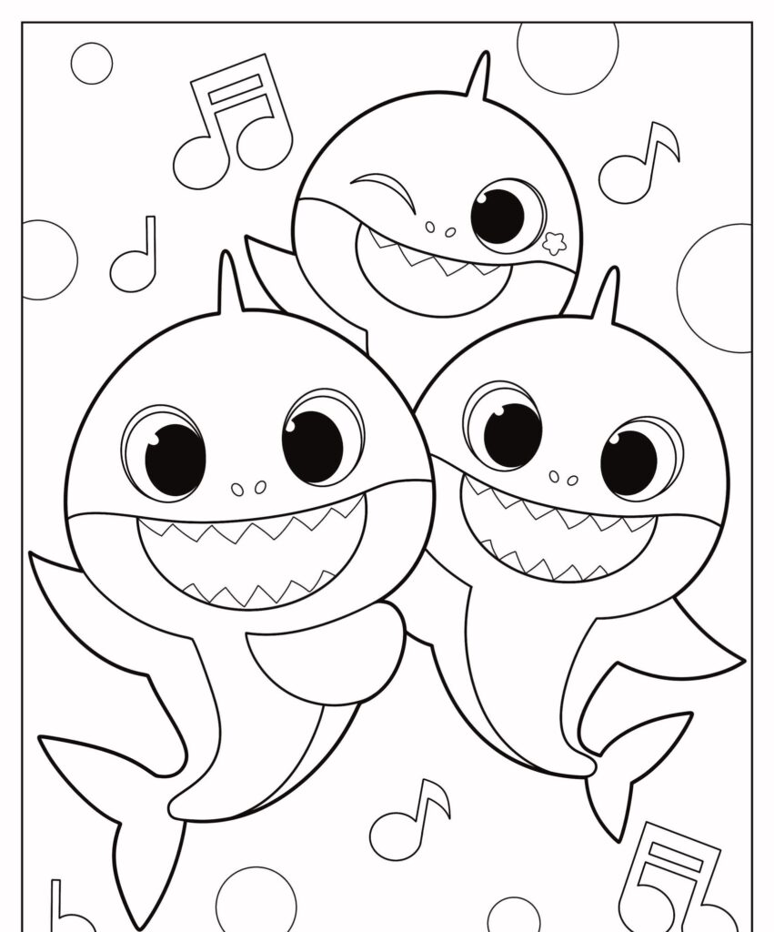 Três tubarões de desenho animado felizes, um deles piscando, cercados por notas musicais e bolhas em um estilo lúdico de desenho para colorir.