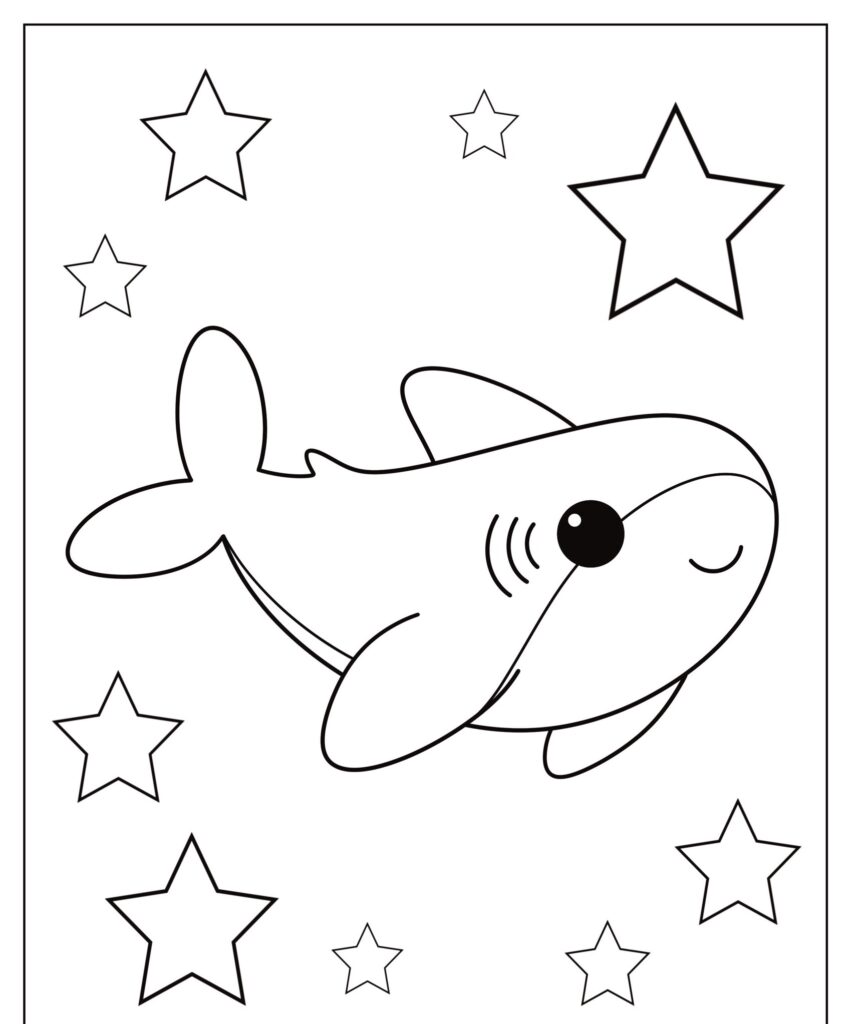 Um desenho simples de um tubarão sorridente cercado por estrelas de diferentes tamanhos, perfeito para colorir.