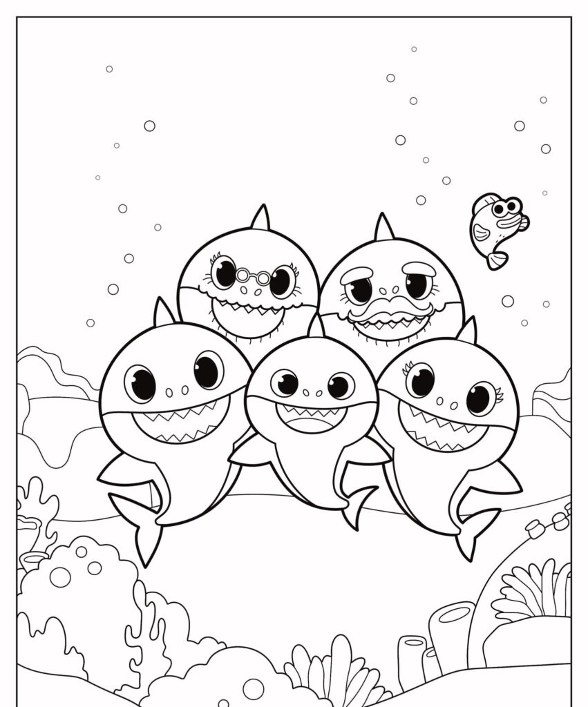 Uma página para colorir com cinco tubarões de desenho animado sorrindo debaixo d'água, com um peixe nadando perto contra um fundo de coral. Este "desenho de tubarão" é perfeito para crianças colorirem e darem vida à cena subaquática.