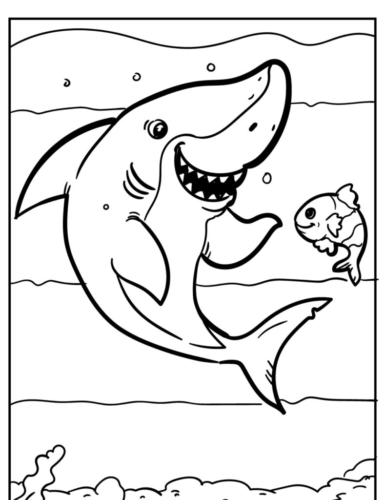 Um tubarão de desenho animado feliz e um pequeno peixe nadam debaixo d'água, ambos sorrindo e cercados por bolhas, criando um desenho perfeito para colorir.