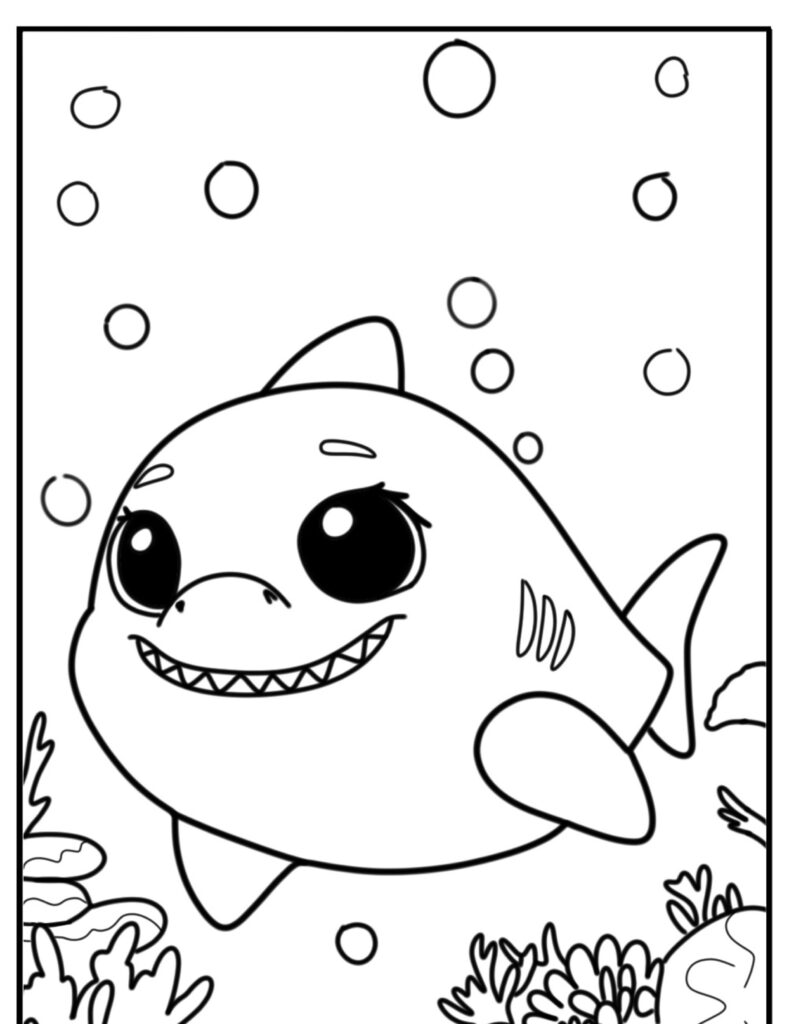 Um tubarão sorridente de desenho animado nadando debaixo d'água, cercado por bolhas e corais. Tubarão desenho coloring page style.