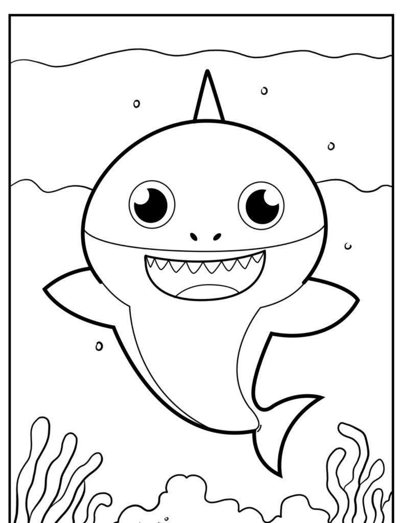 Desenho de um tubarão sorridente com grandes olhos e uma barbatana dorsal, nadando no oceano perto de algas marinhas, perfeito para colorir.