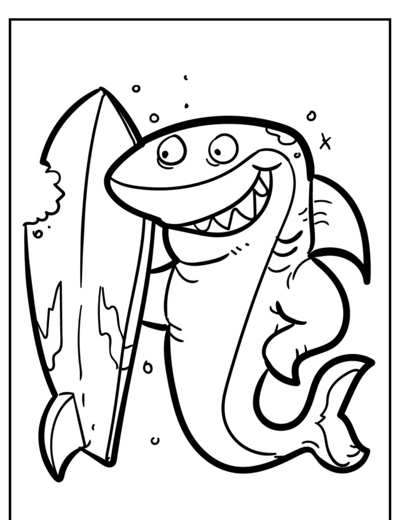 Um Desenho de Tubarão com um grande sorriso segurando uma prancha de surfe, cercado por bolhas, pronto para você colorir.