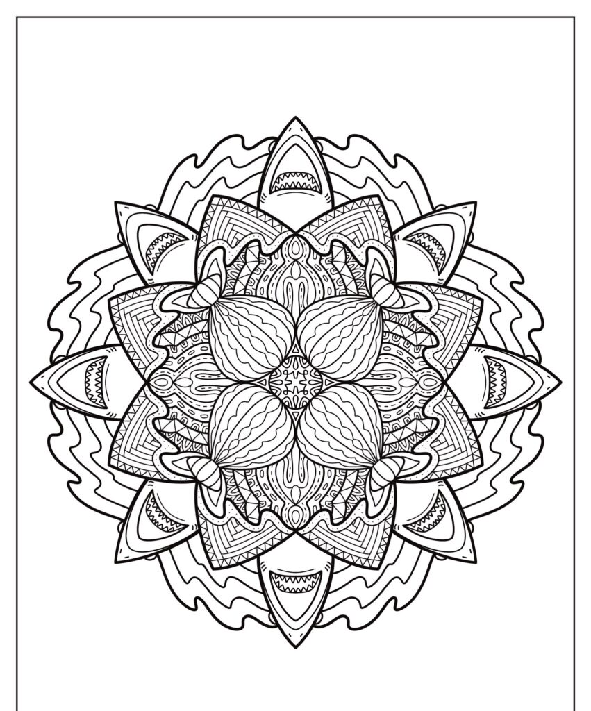 Uma mandala preta e branca detalhada e simétrica com padrões complexos e elementos florais, perfeita para colorir.