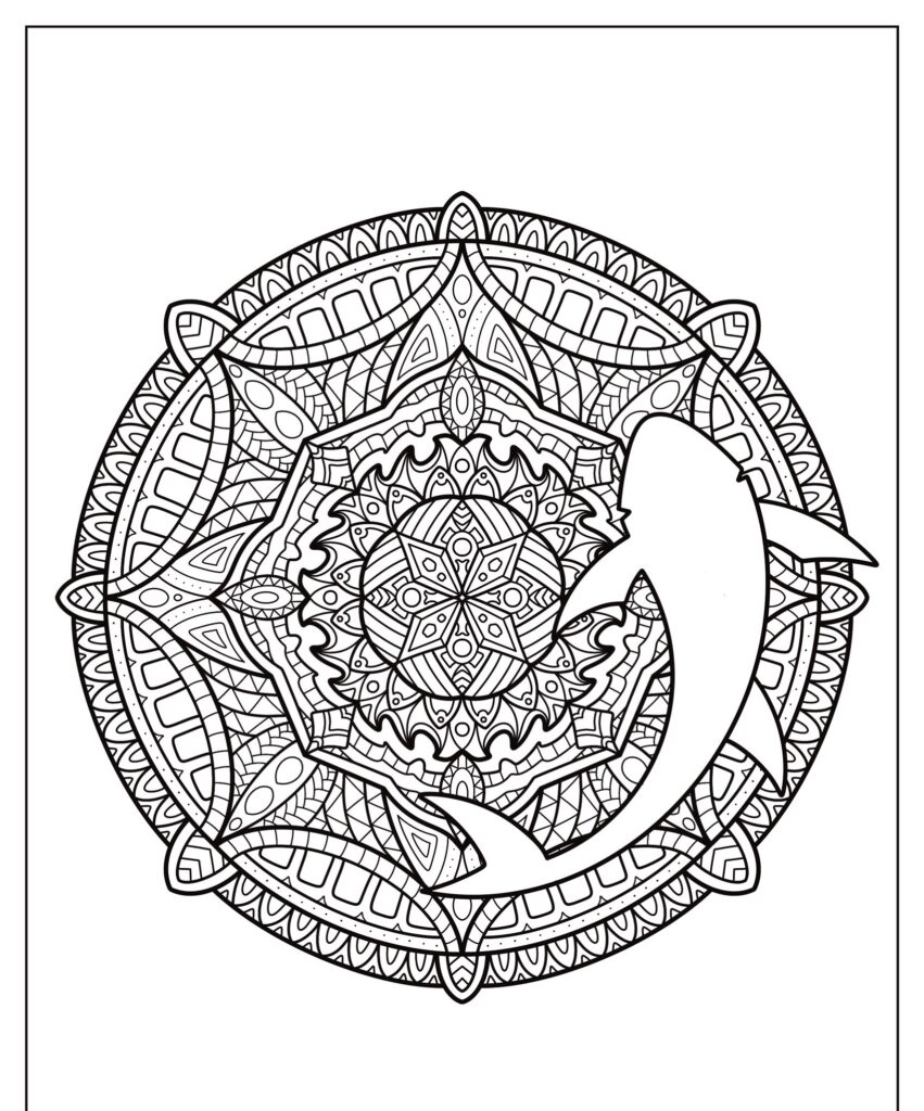 Página para colorir de mandala detalhada com um padrão complexo e um golfinho nadando no lado direito, acompanhado de um tubarão para colorir perto do centro.