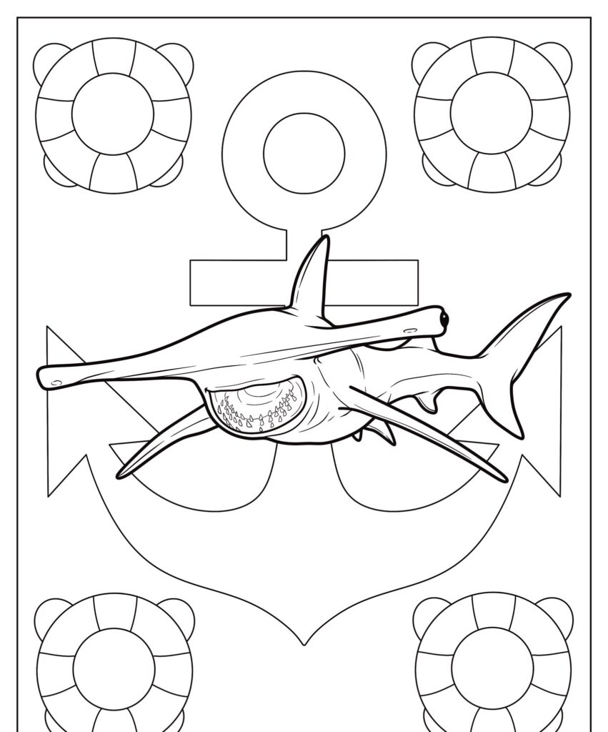 Desenho de Tubarão: uma ilustração colorindo de um sorridente tubarão-martelo com âncoras e boias salva-vidas ao fundo.