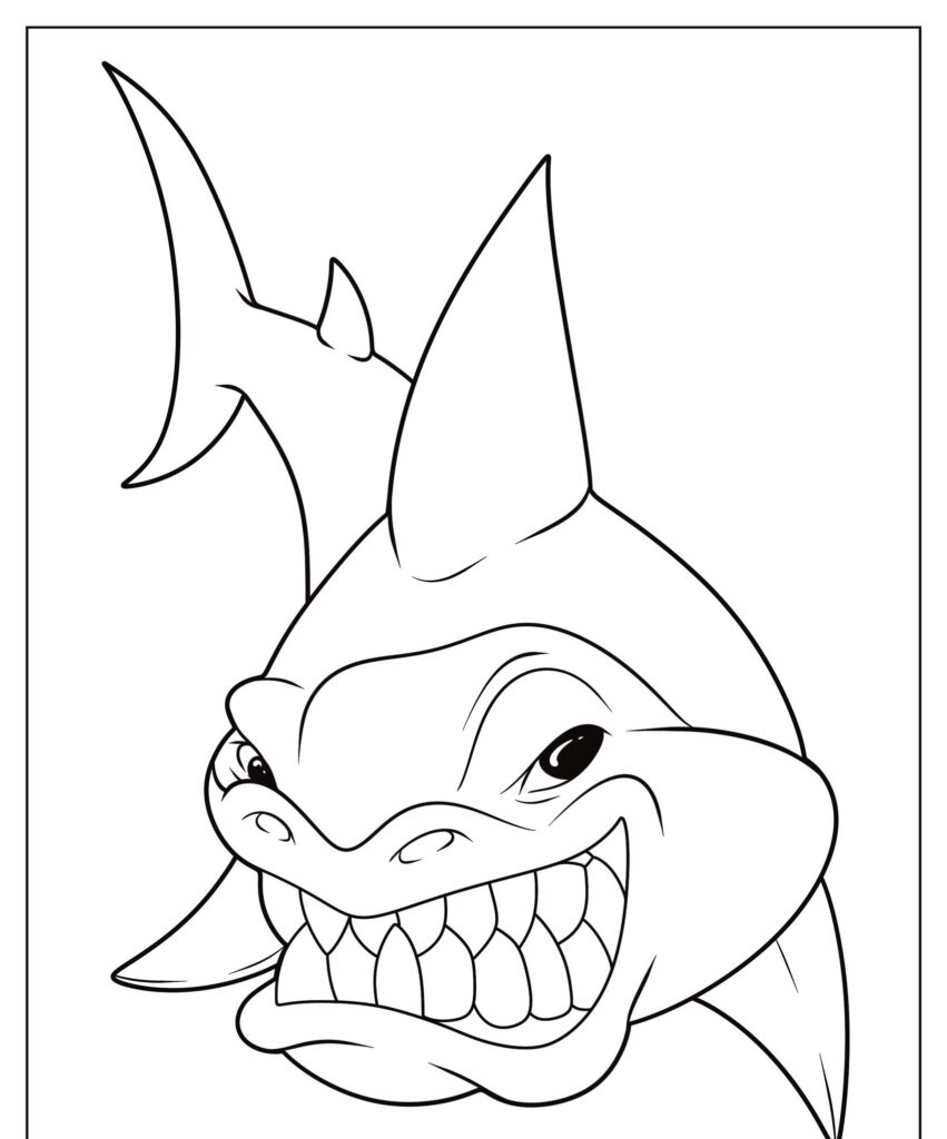 Tubarão de desenho animado com um sorriso largo e cheio de dentes, contornado em preto e branco, pronto para colorir.