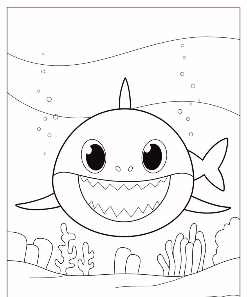 Desenho de Tubarão sorrindo nada embaixo d'água com bolhas e coral ao fundo, perfeito para colorir.