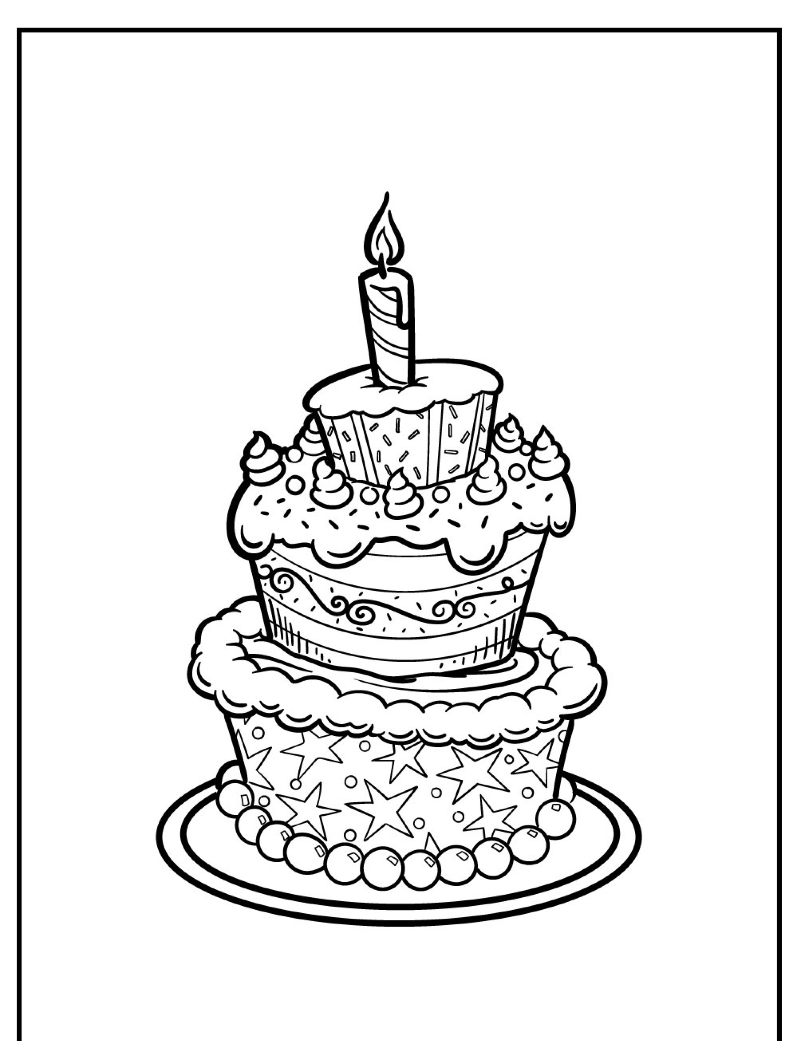 Desenho de contorno de um bolo de dois andares com uma única vela acesa no topo, decorado com estrelas e glacê, perfeito para colorir.