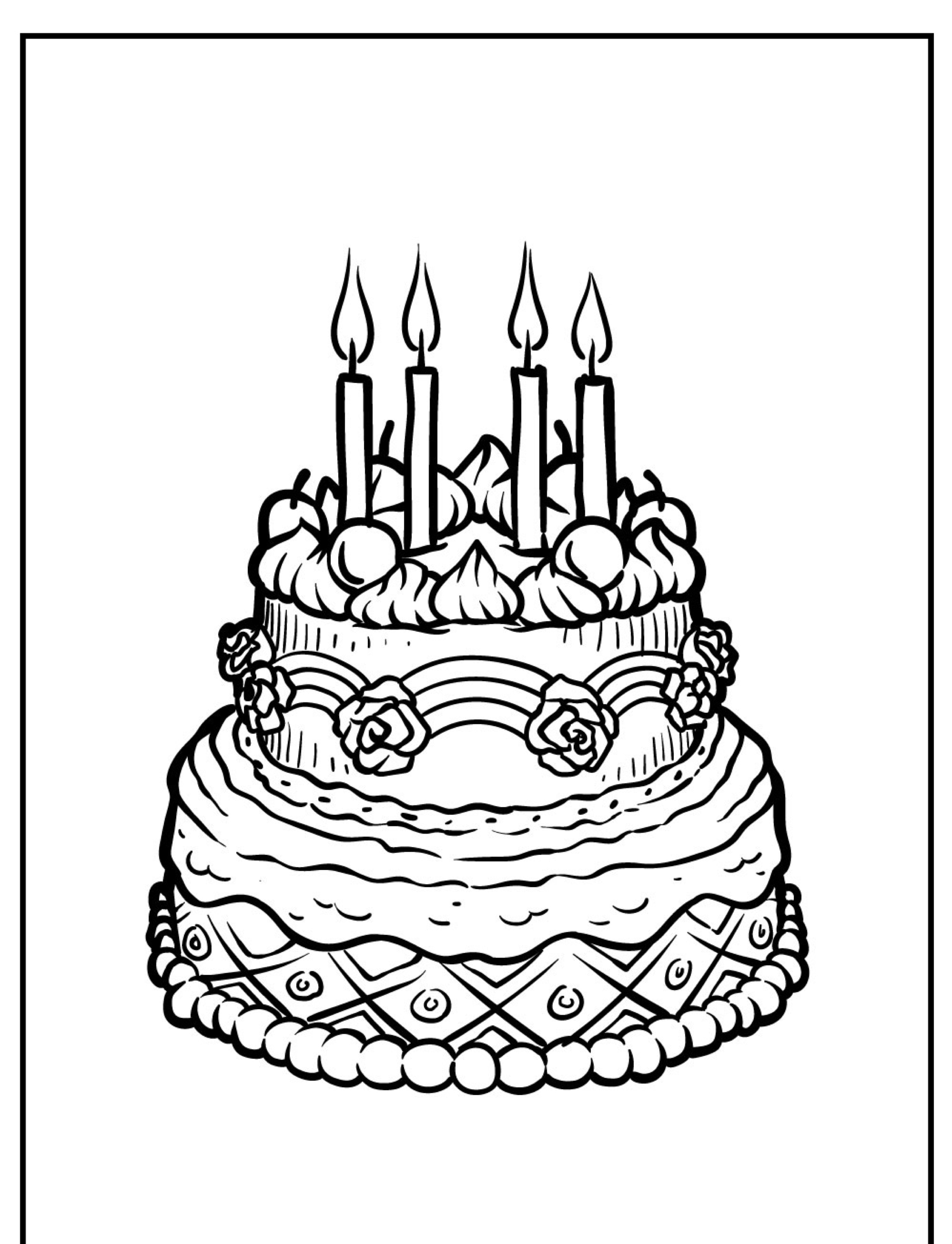 Bolo de aniversário de dois andares com quatro velas acesas, coberto com decorações incluindo rosas e um padrão na camada inferior – perfeito como um desenho para colorir.