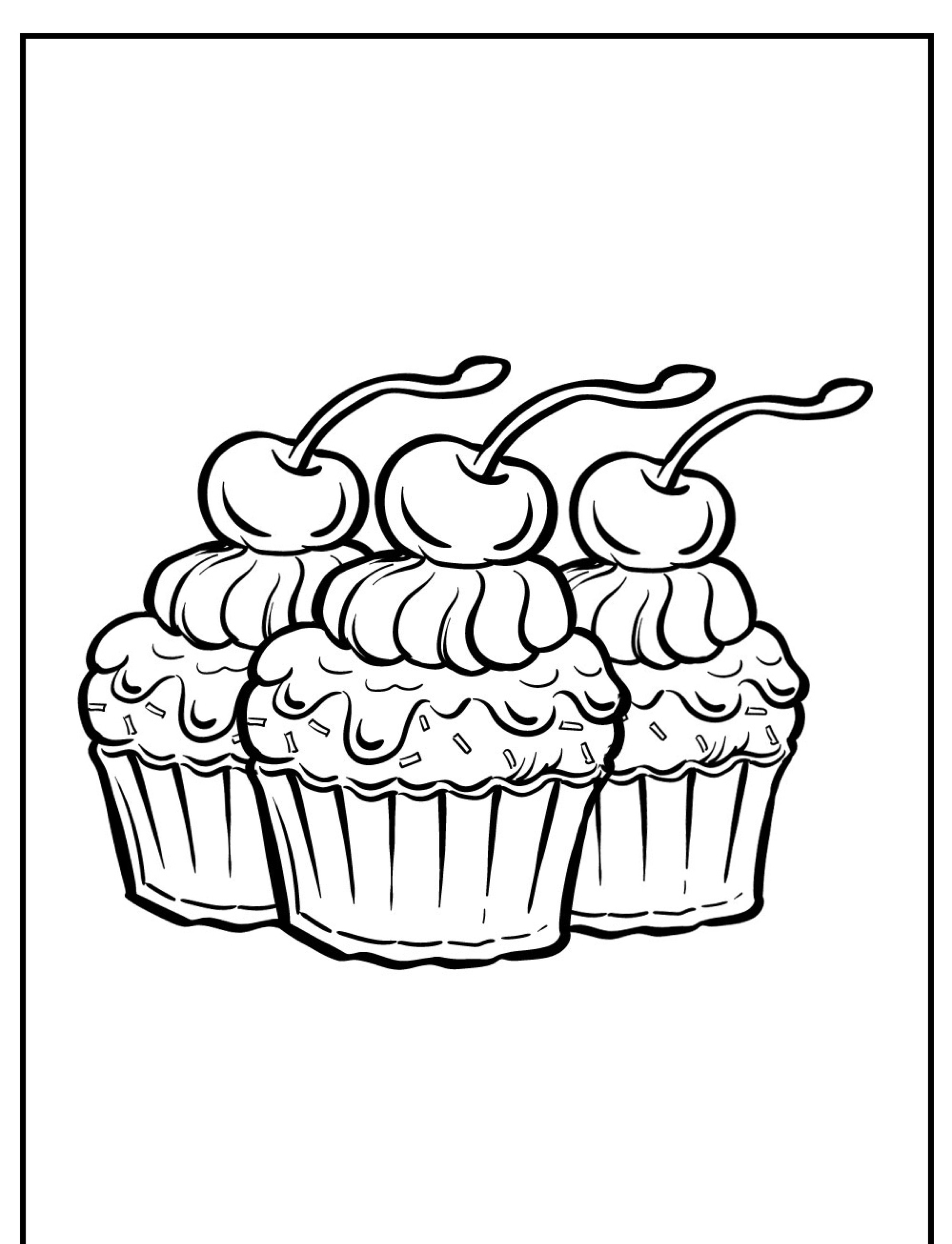 Três cupcakes cobertos com cobertura e cerejas, dispostos em fileira, ilustrados em preto e branco, perfeitos para quem procura um desenho de bolo para colorir.