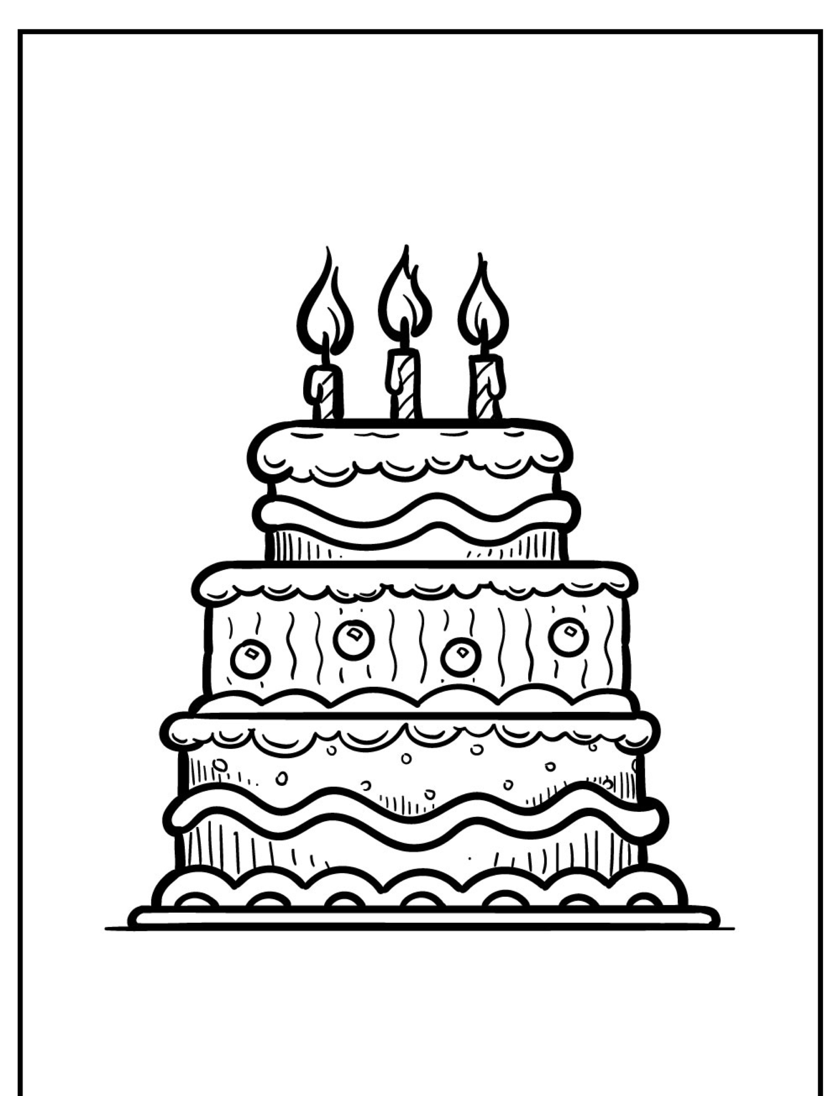 Desenho de um bolo de três andares com velas no topo, decorado com glacê e padrões complexos — perfeito para quem quer fazer bolos de colorir.