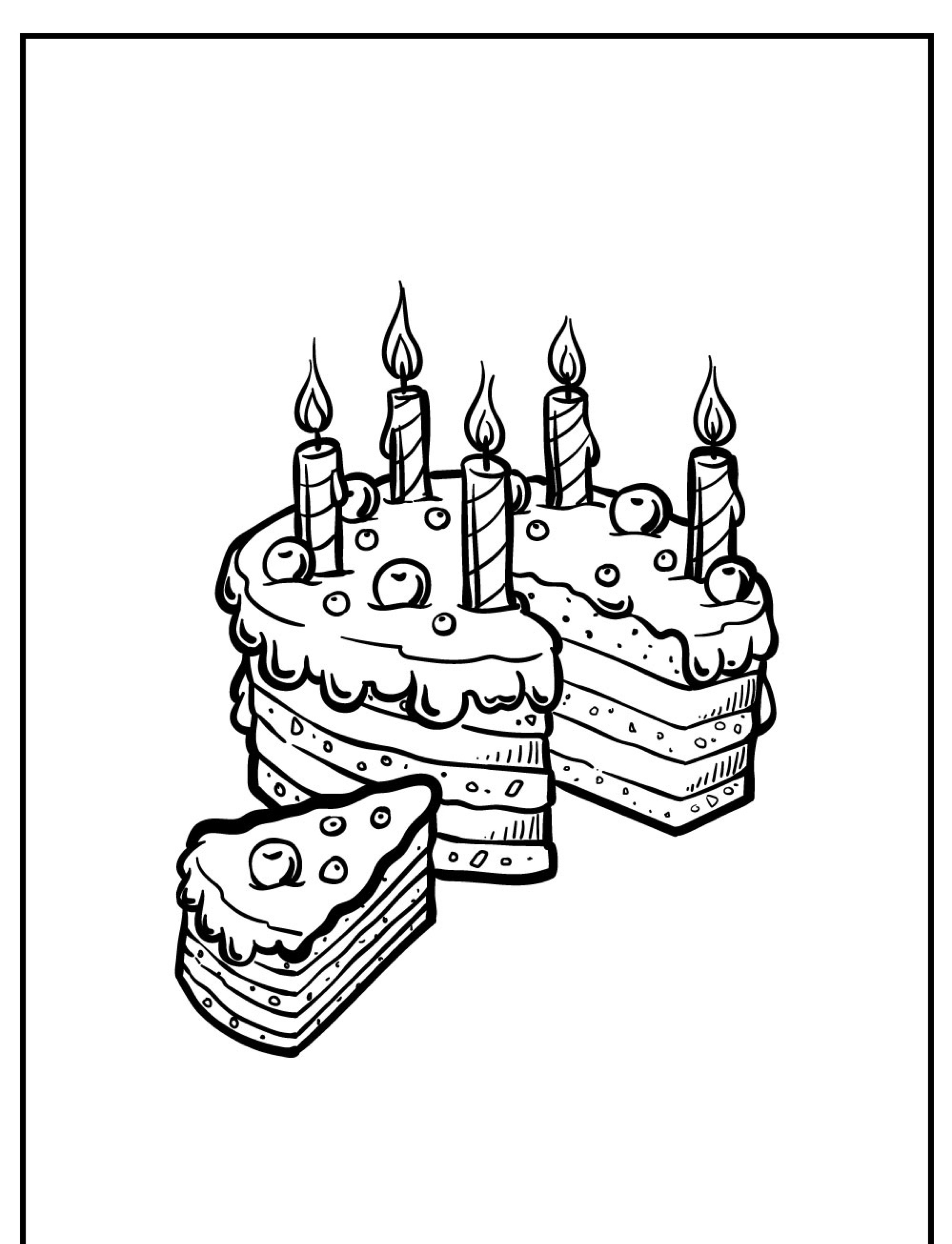 Um desenho de bolo em preto e branco de um bolo de aniversário em camadas com velas e uma fatia recortada.