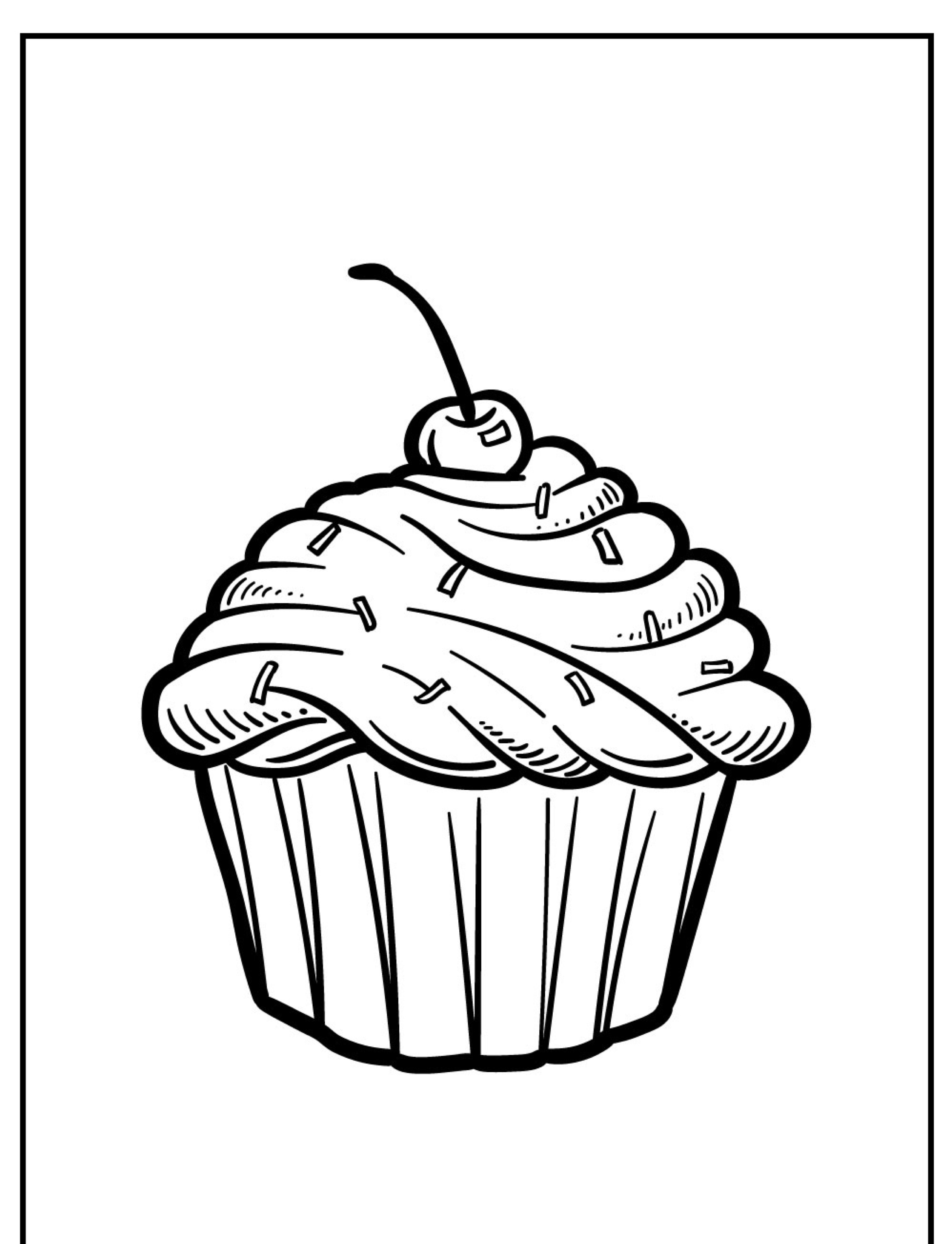 Ilustração em preto e branco de um cupcake com cobertura em espiral, granulados e uma cereja no topo — perfeito como um bolo para colorir.