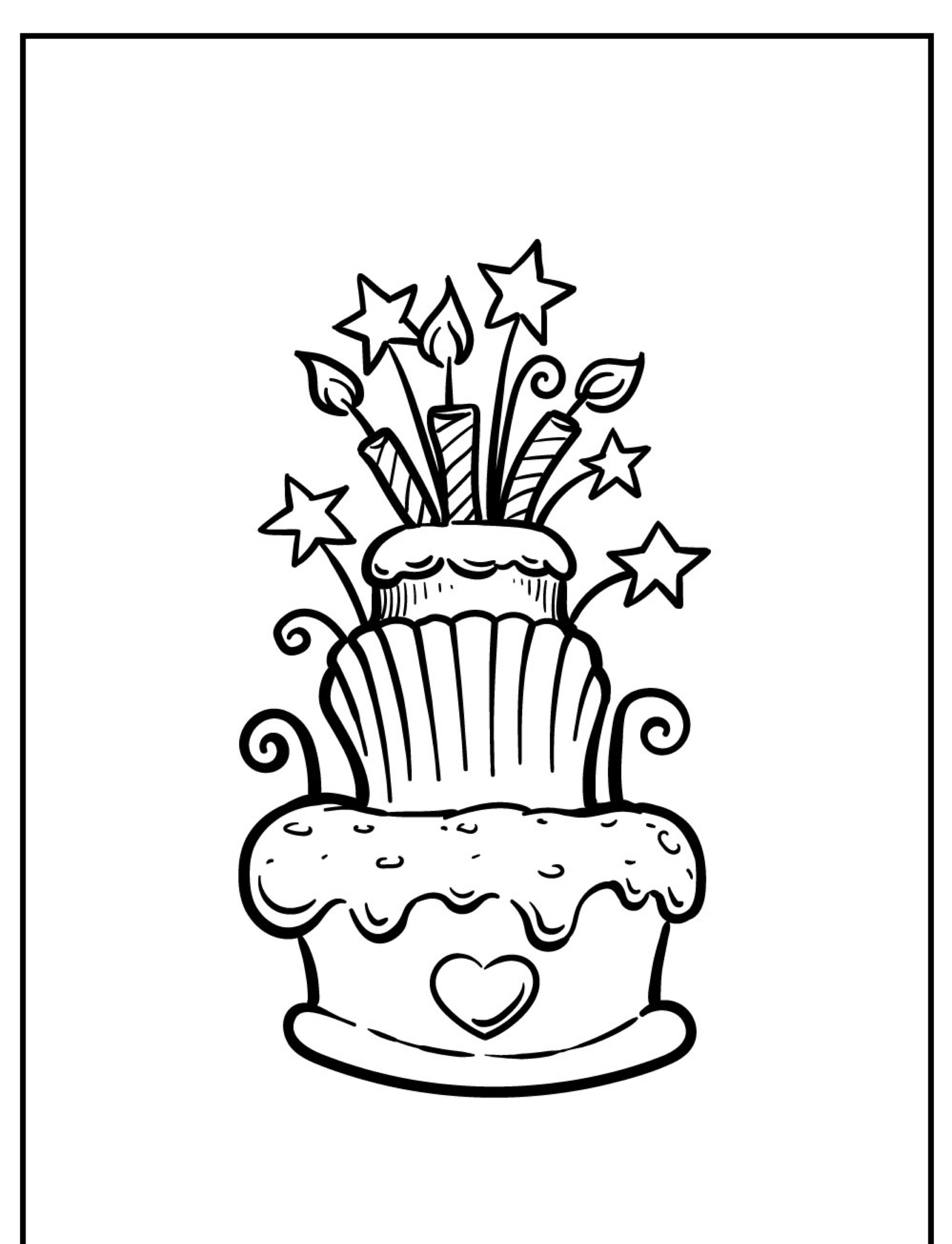 Um desenho de um bolo decorado com velas, estrelas e desenhos em espiral em um fundo simples, perfeito para quem quer colorir o bolo.