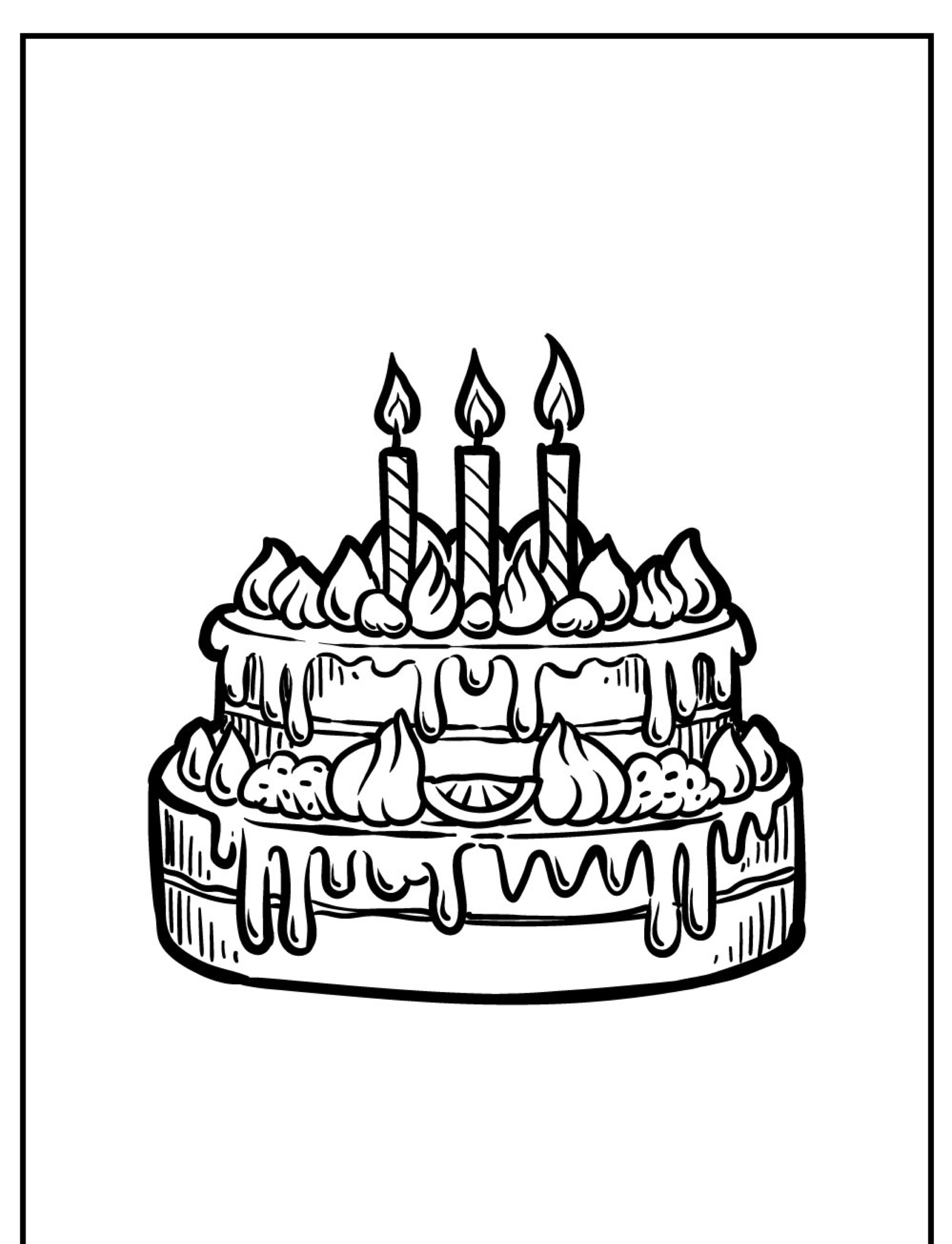 Um desenho em preto e branco de um bolo de aniversário com três velas acesas no topo, perfeito como um bolo para colorir.