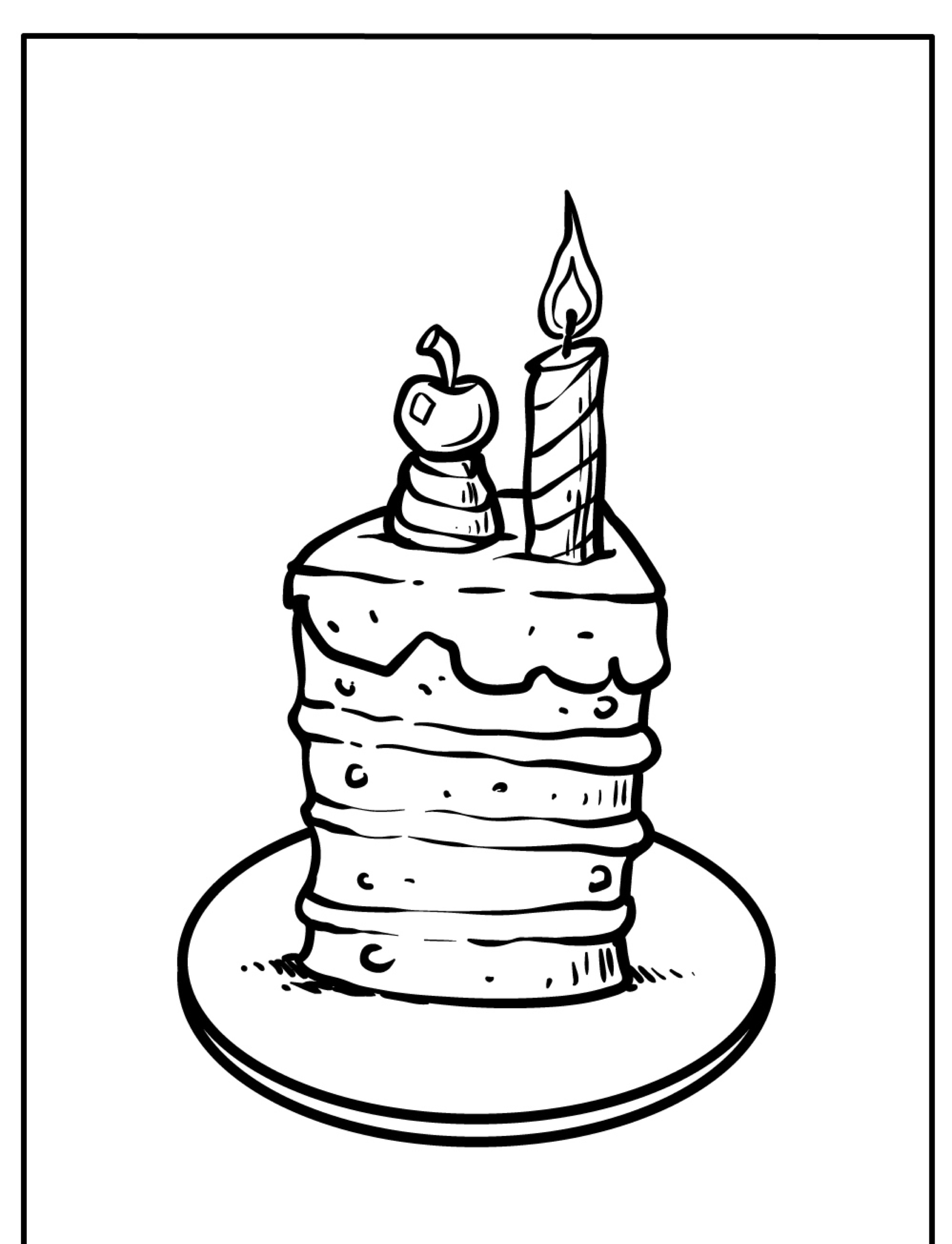 Um desenho de um bolo de aniversário com duas velas e uma cereja no topo, colocados em um prato, perfeito como desenho para colorir.