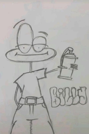 Desenho de um personagem de desenho animado usa camiseta e shorts, segurando uma lata de spray, com a palavra "Billy" escrita ao lado. Para desenhar no caderno