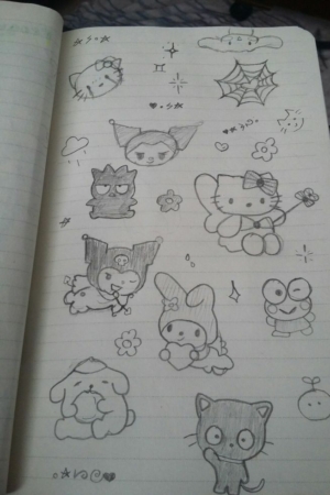 Uma página de caderno com lindos desenhos a lápis de personagens de desenhos animados populares, como Hello Kitty e Keroppi, entre outros. Folhas de caderno repletas de desenho adorável para inspirar quem ama desenhar. Para desenhar no caderno