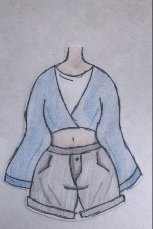 Desenho de uma pessoa vestindo um top curto azul de manga comprida, camiseta branca e shorts cinza de cintura alta. Para desenhar no caderno