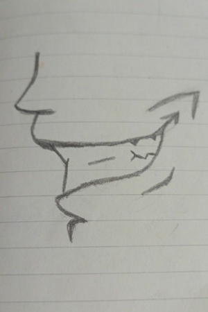 Um esboço a lápis em um caderno captura um rosto parcial, destacando uma boca com um sorriso exagerado e dentes pontudos. Para desenhar no caderno