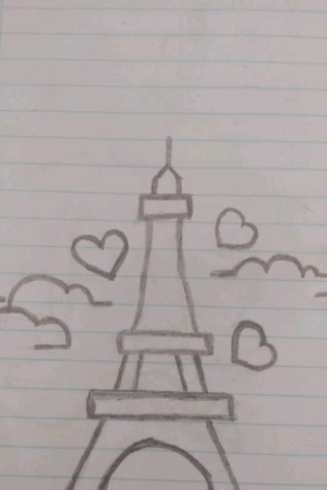 Um desenho simples da Torre Eiffel com corações e nuvens ao redor, tudo sobre um fundo de papel pautado no estilo caderno. Para desenhar no caderno