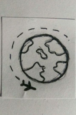 Desenho de um globo com continentes e uma linha pontilhada circulando ao redor, mostrando um avião em voo. Para desenhar no caderno