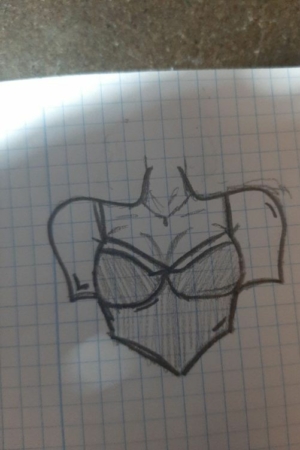 Esboço de um torso vestindo uma armadura em papel quadriculado; a roupa tem ombreiras e armadura no peito, ideal para desenhar em seu caderno. Para desenhar no caderno