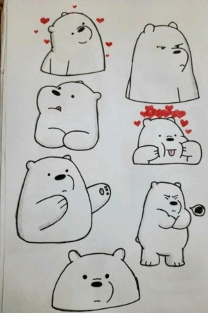 Desenhos de um urso polar fofo em um caderno, mostrando várias expressões, incluindo amor, raiva, excitação e contemplação. Para desenhar no caderno