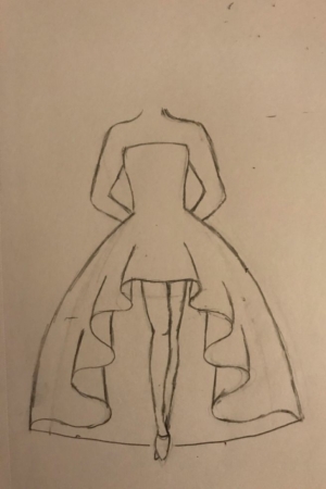 Desenho de um vestido sem alças, com uma barra curta na frente e uma longa cauda fluida atrás, visto de costas. Para desenhar no caderno