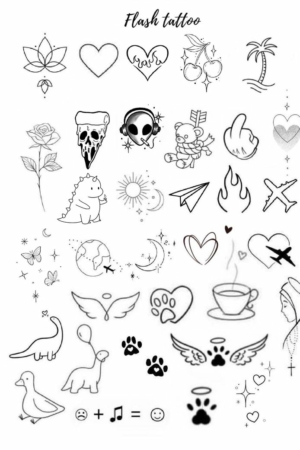 Uma coleção de vários designs de tatuagens instantâneas, incluindo corações, animais, símbolos celestiais e objetos do cotidiano, perfeitos para o caderno de desenho de qualquer pessoa. Para desenhar no caderno