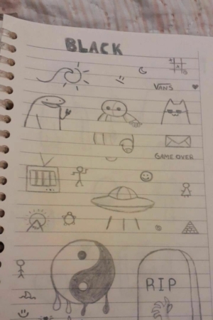 Página de caderno com vários *desenhos*: sol, jogo da velha, fantasma, TV, yin-yang, lápide, OVNI, gráfico de humor e texto "GAME OVER". Para desenhar no caderno