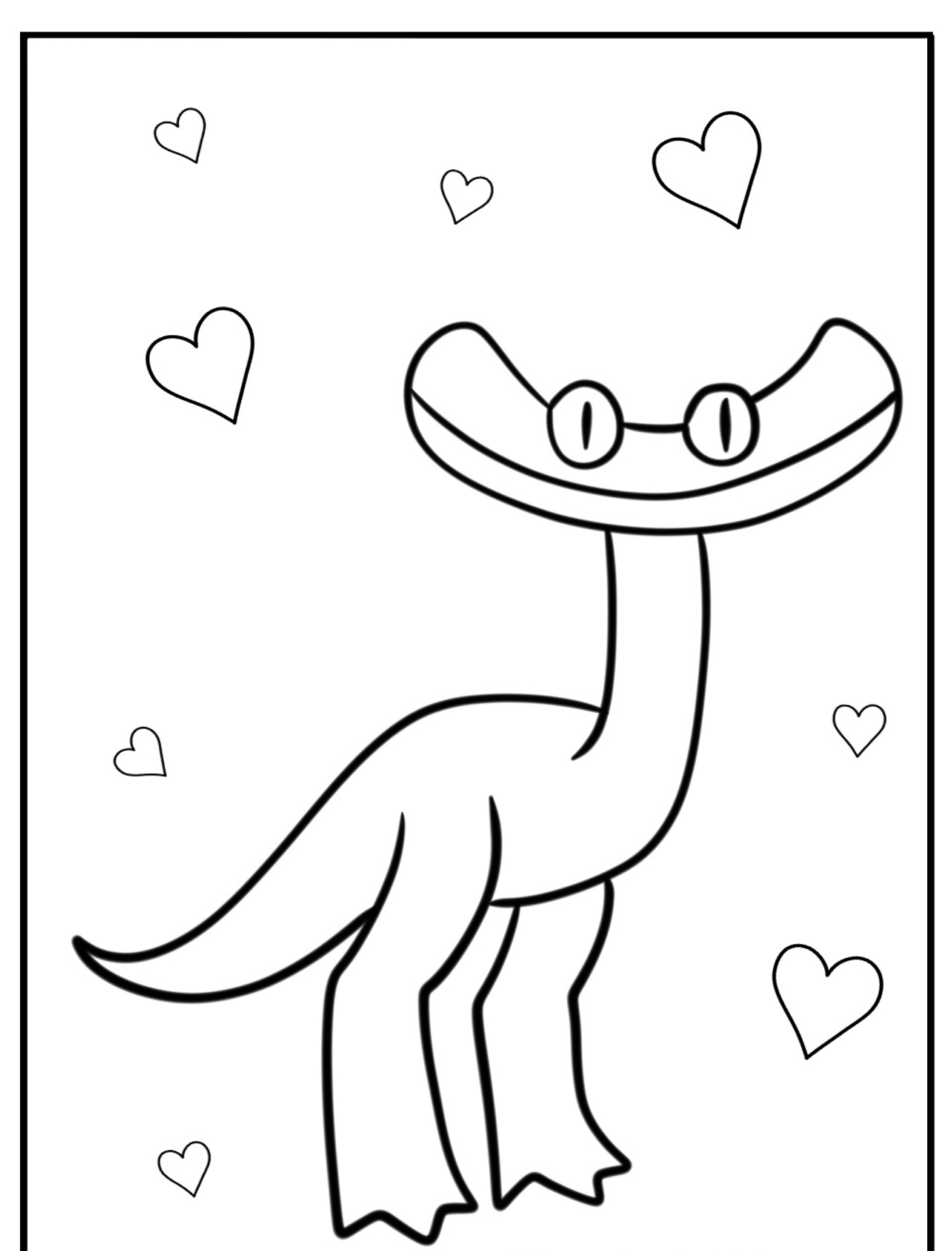 Colorir desenho preto e branco de um dinossauro com óculos, cercado por corações. Os Rainbow Friends vão adorar adicionar seu toque único para dar vida a essa cena com cores!