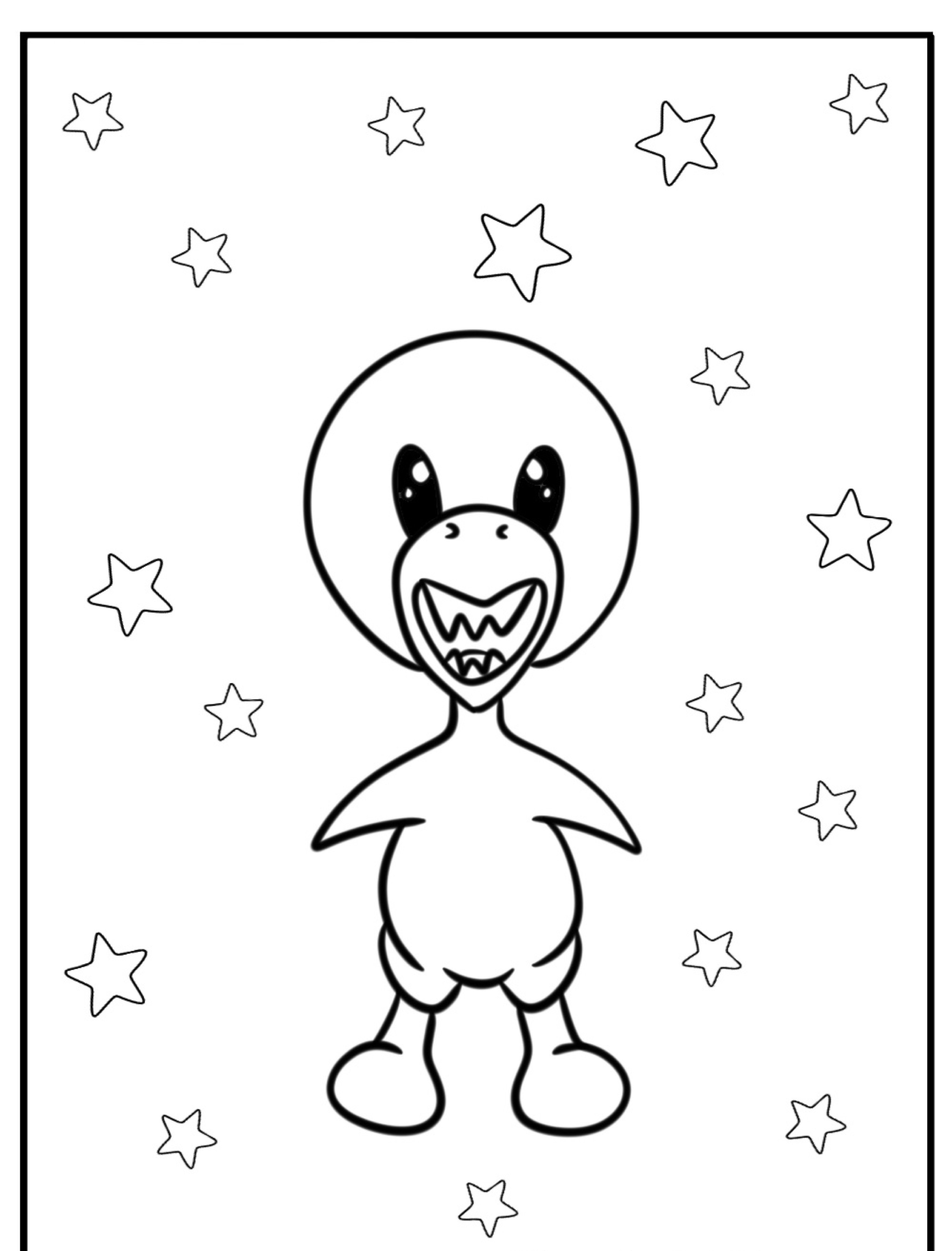 Desenho de esboço de uma criatura de desenho animado Rainbow Friends com cabeça redonda, boca aberta e olhos grandes, cercada por estrelas de vários tamanhos. Ideal para entusiastas de colorir.