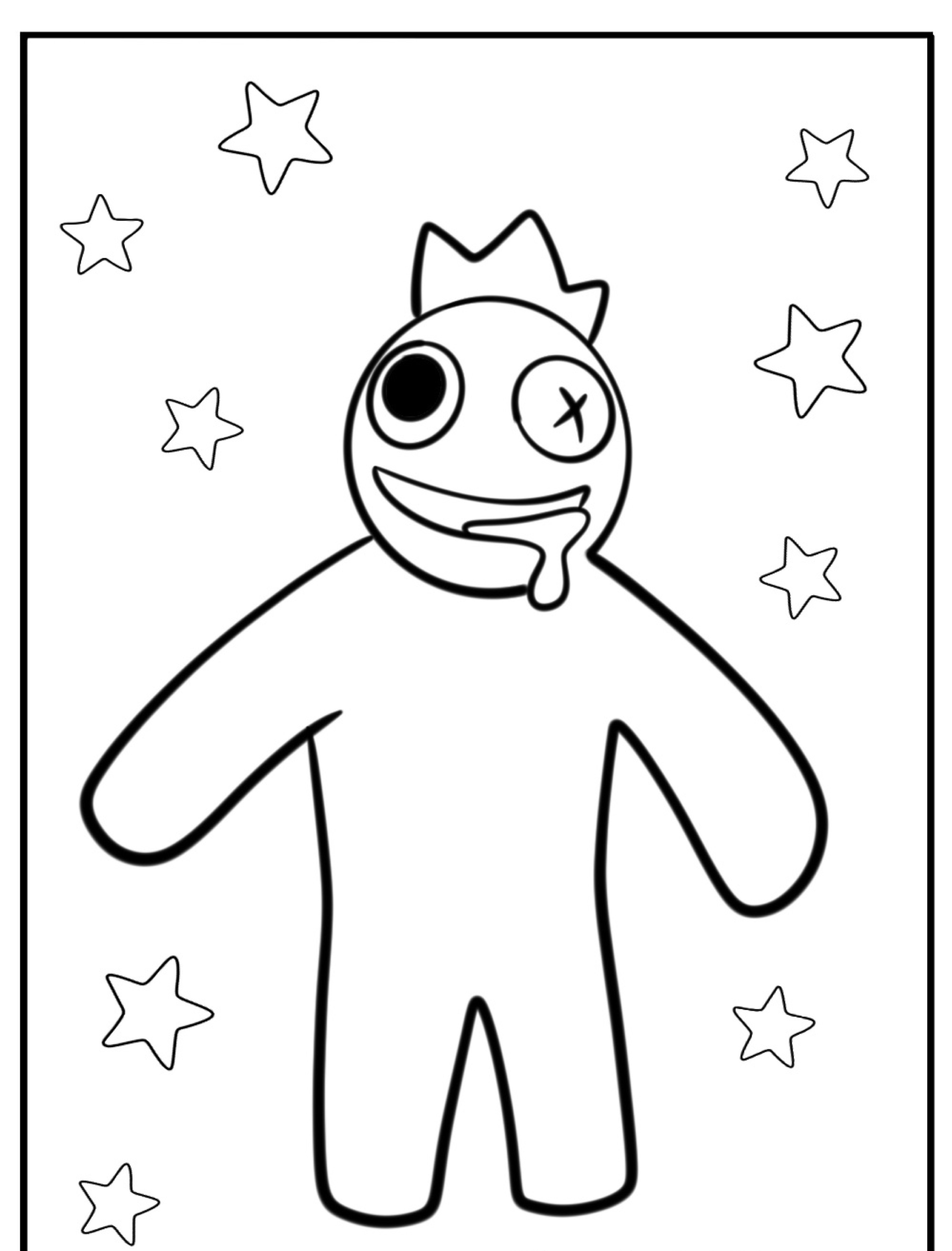 Uma figura de desenho animado com uma forma de coroa na cabeça, um olho com um X para fora e babando, cercada por estrelas. Parte da coleção Rainbow Friends, esse personagem excêntrico é perfeito para colorir.